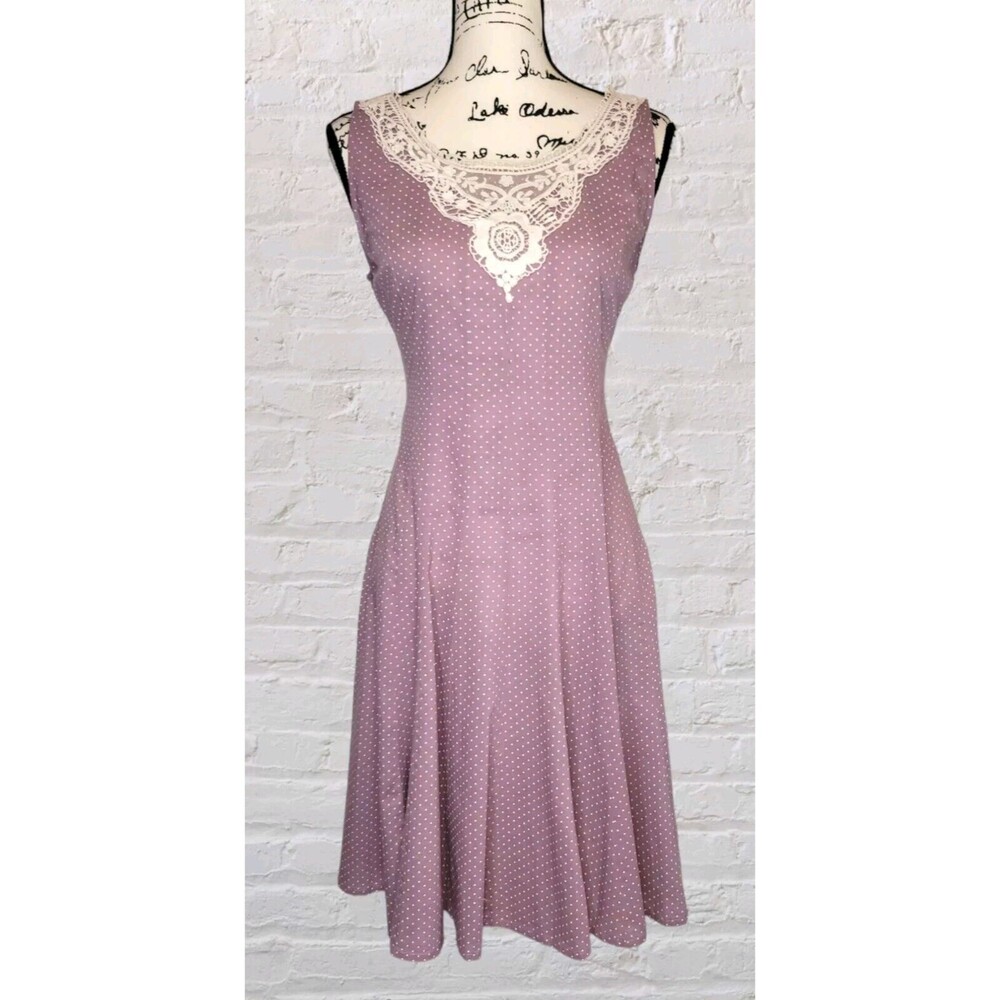 April Cornell Mauve Dot Midi Dress with Cream Lace